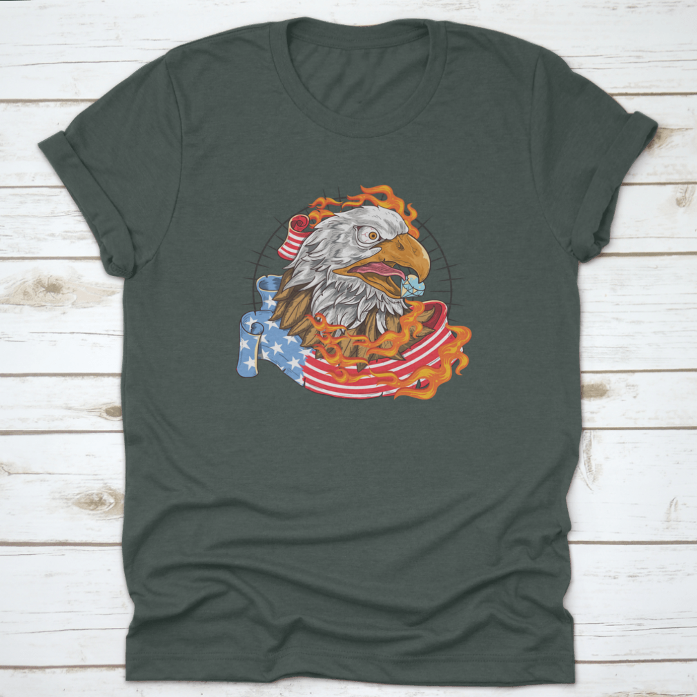 A stylish t-shirt featuring a flaming eagle with a diamond on its beak, showcasing a patriotic design.